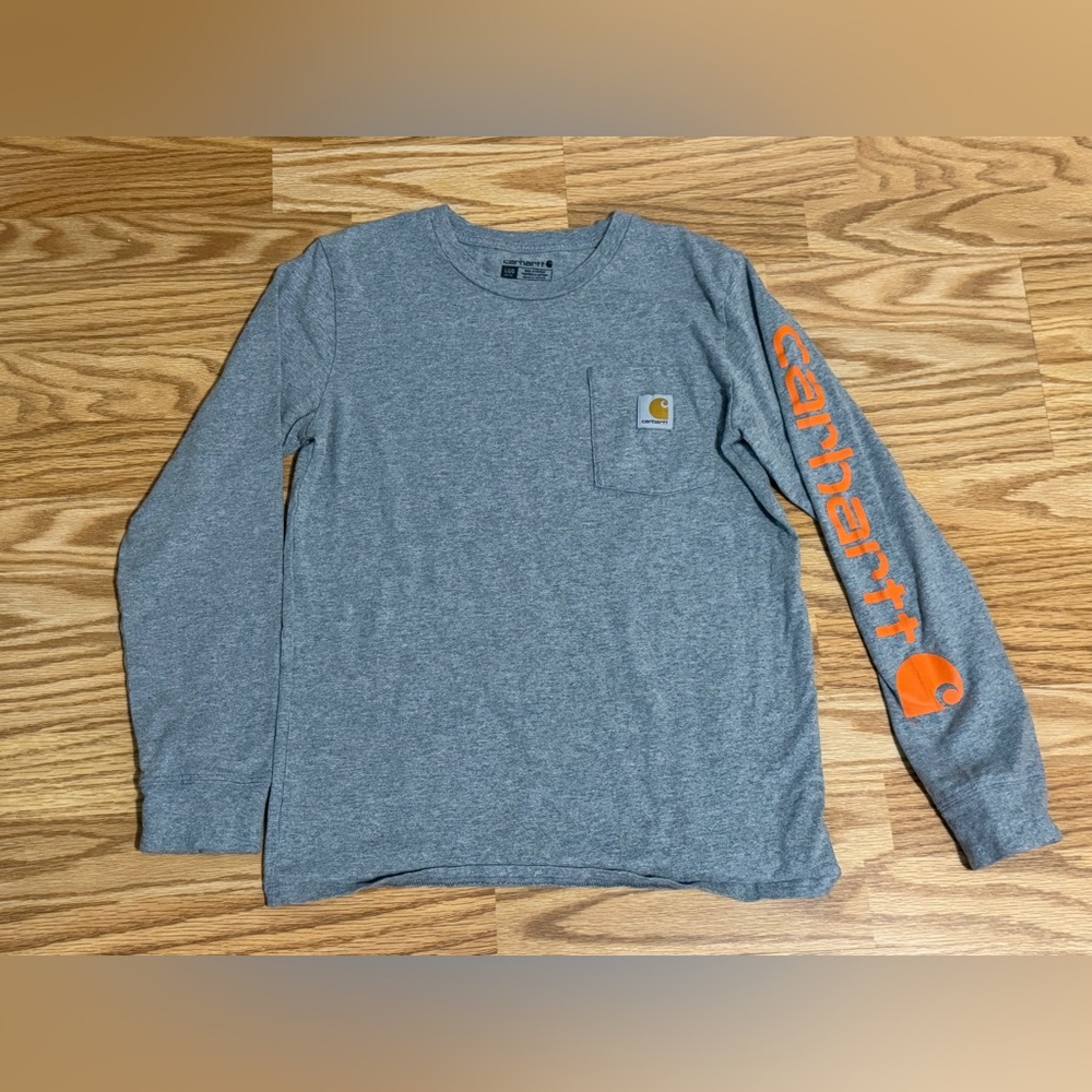 Carhartt Youth L/G (14–16) Long Sleeve Pocket Logo Shirt – Gray & Orange